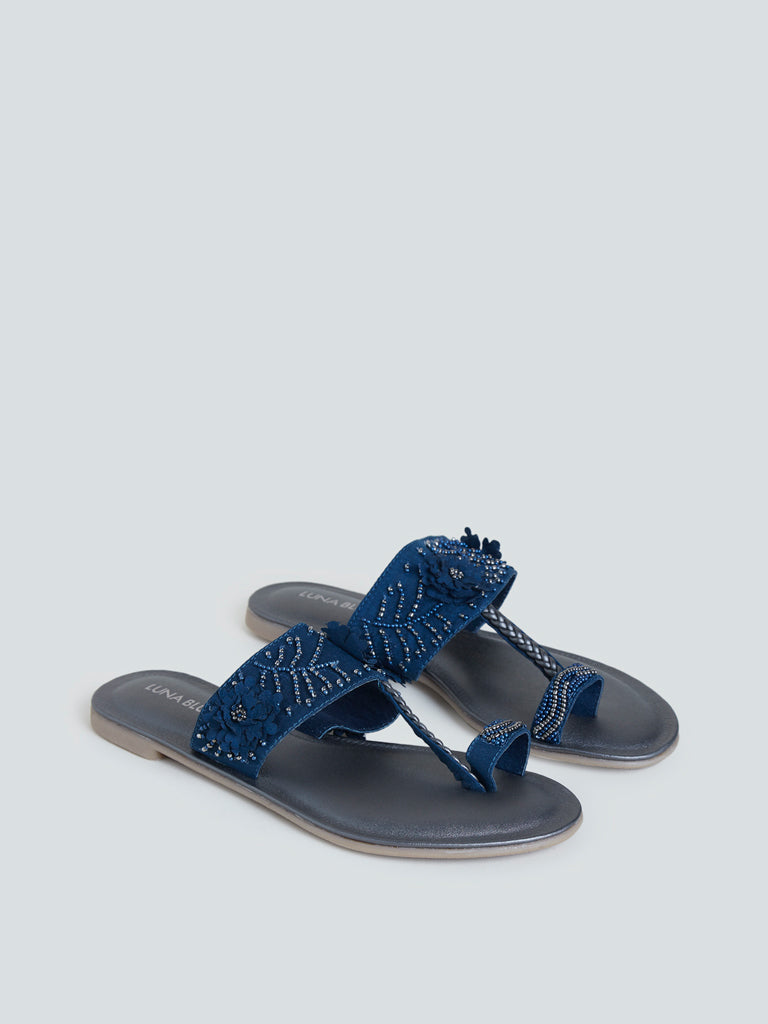 LUNA BLU Indigo Beaded Kolhapuri Sandals